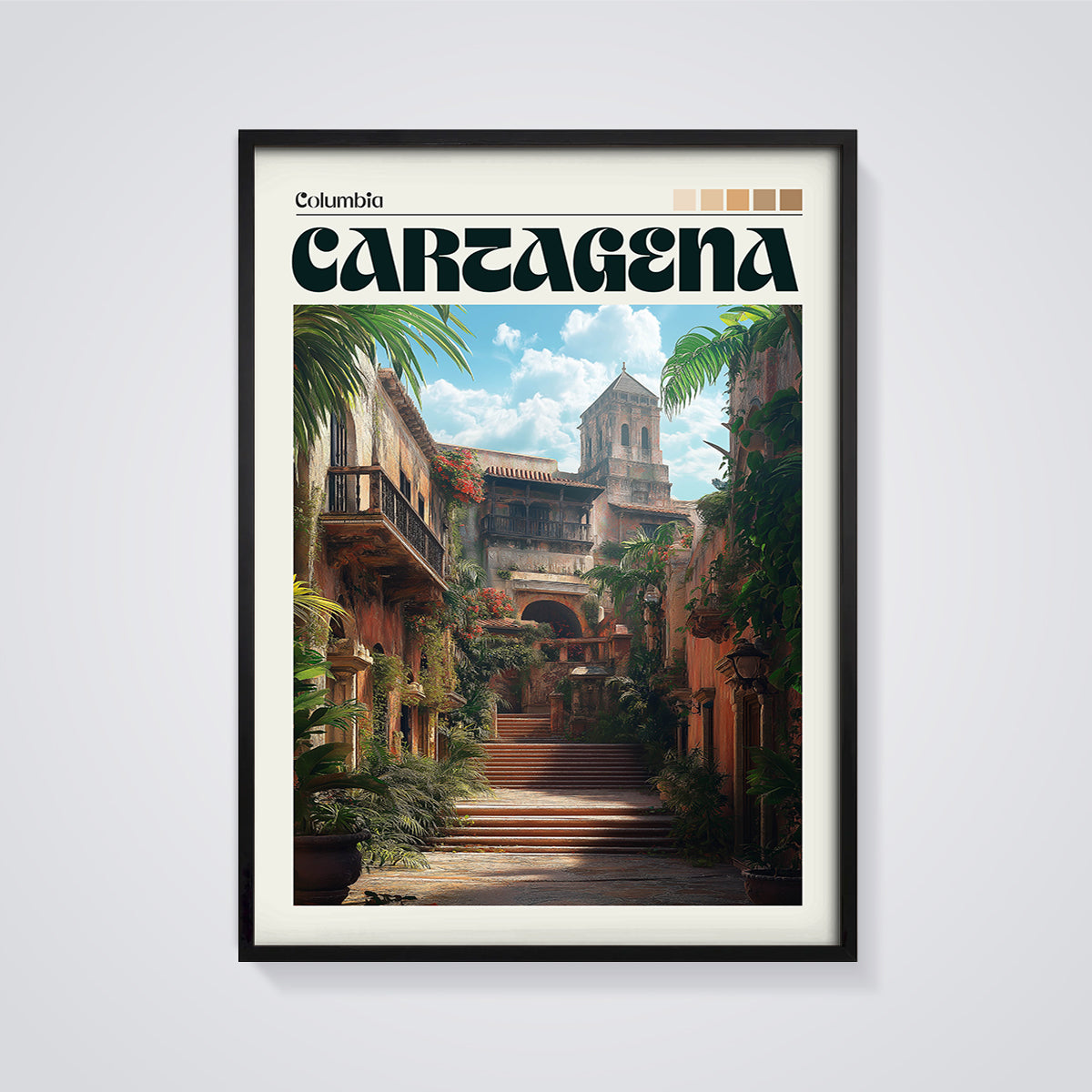 Cartagena Colonial Street Print framed in black on a grey background