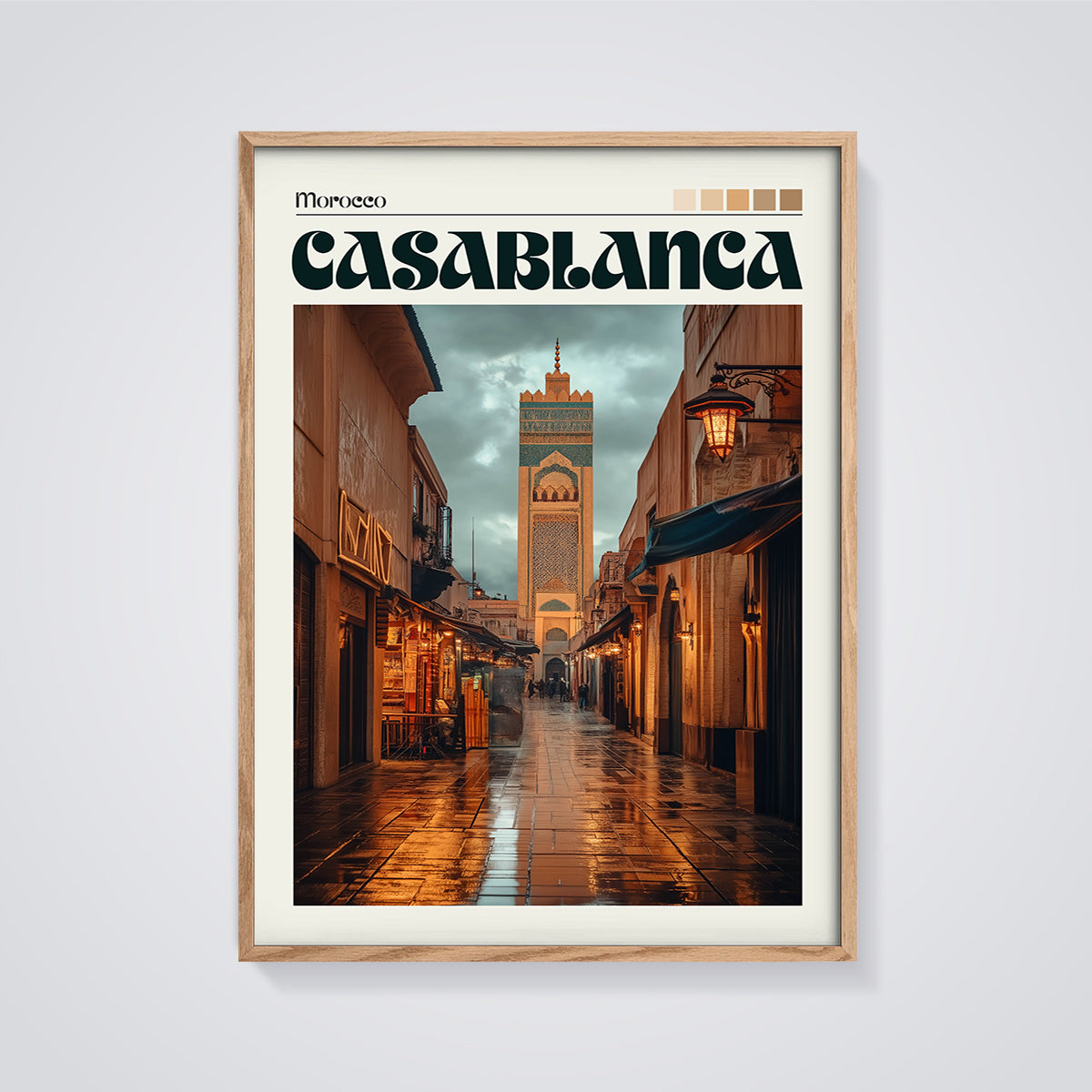 Casablanca Minaret Street Print framed in oak on a grey background