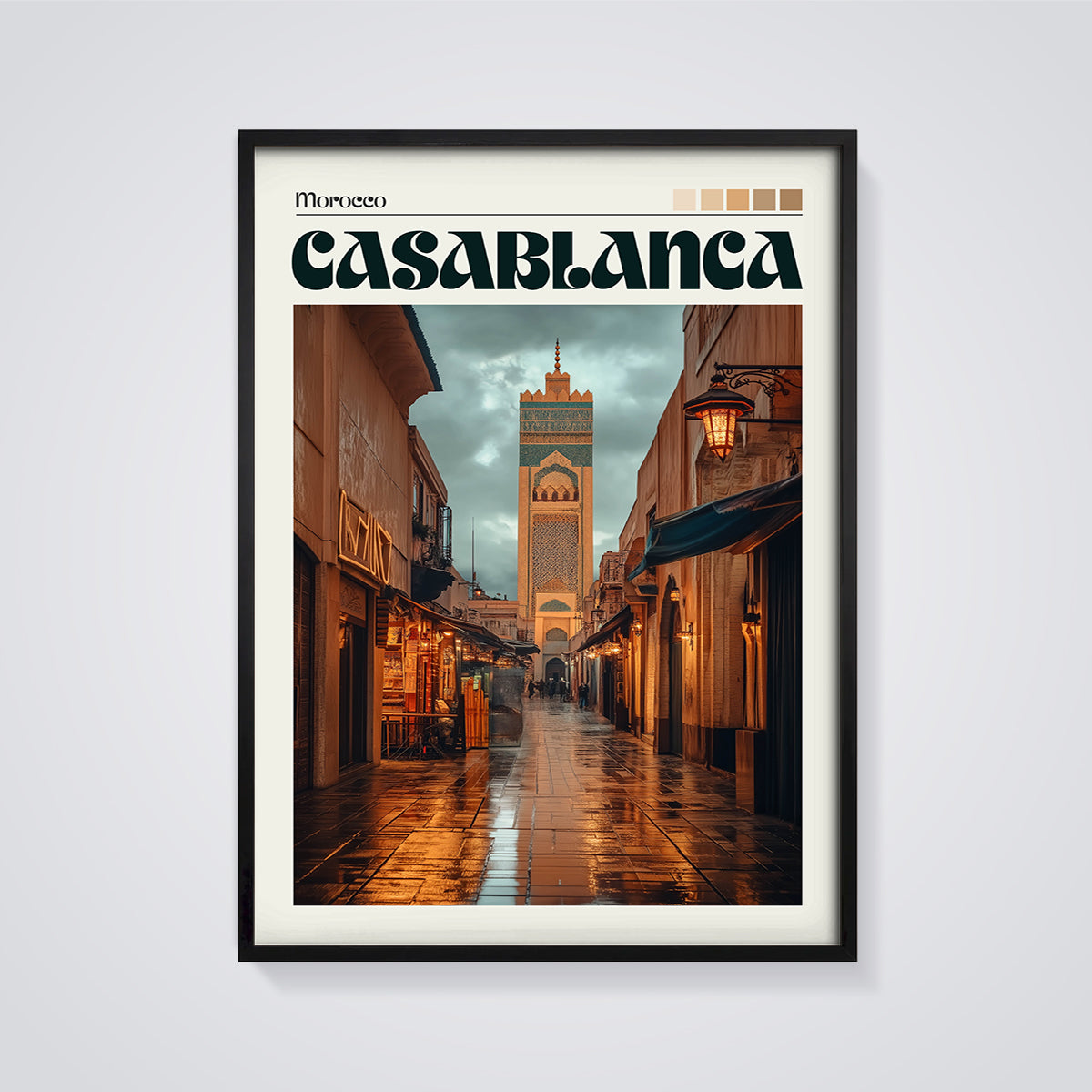 Casablanca Minaret Street Print framed in black on a grey background
