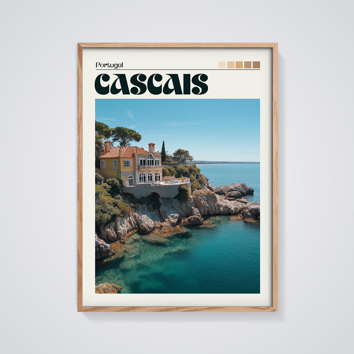 Cascais Coastal Villa Print framed in oak on a grey background