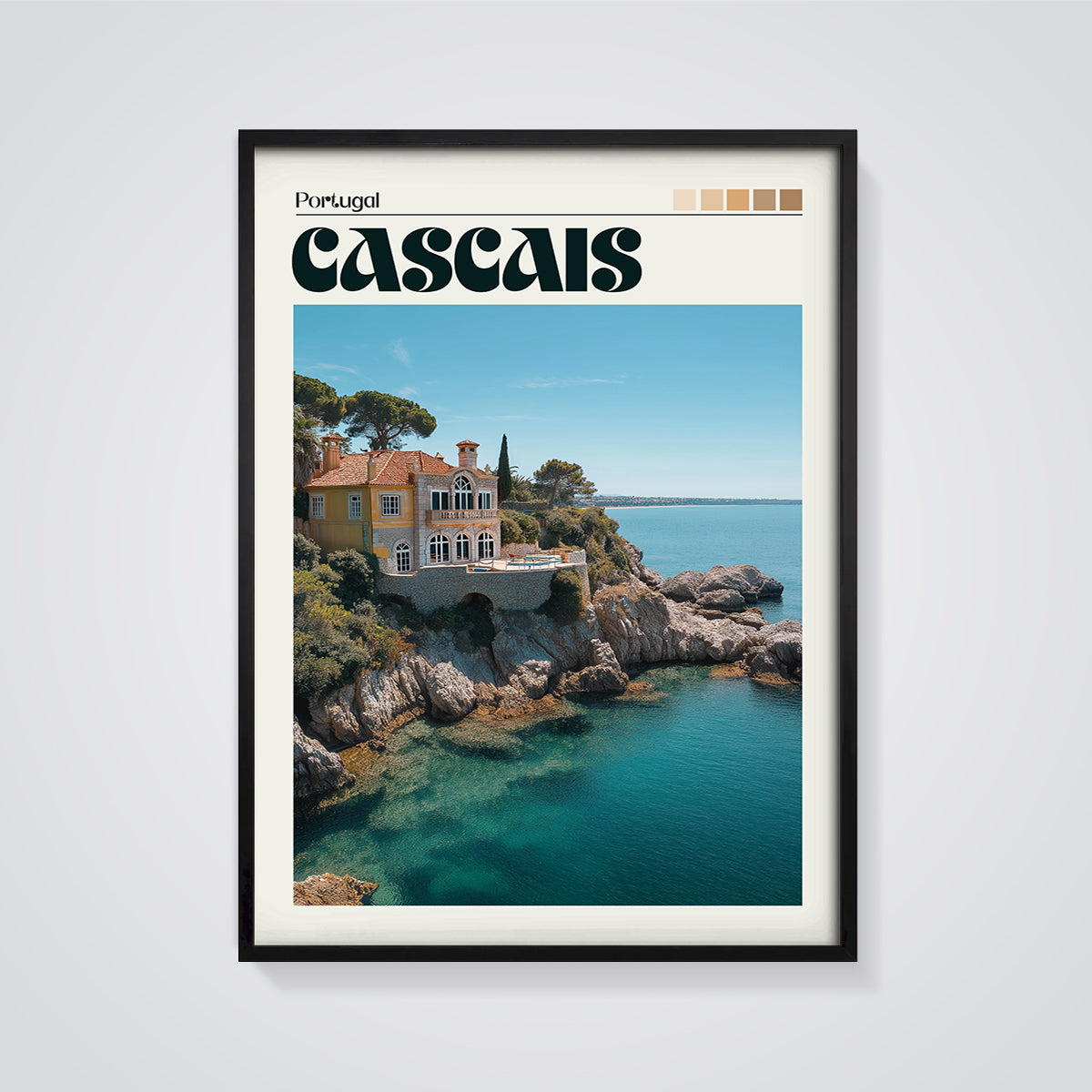 Cascais Coastal Villa Print framed in black on a grey background