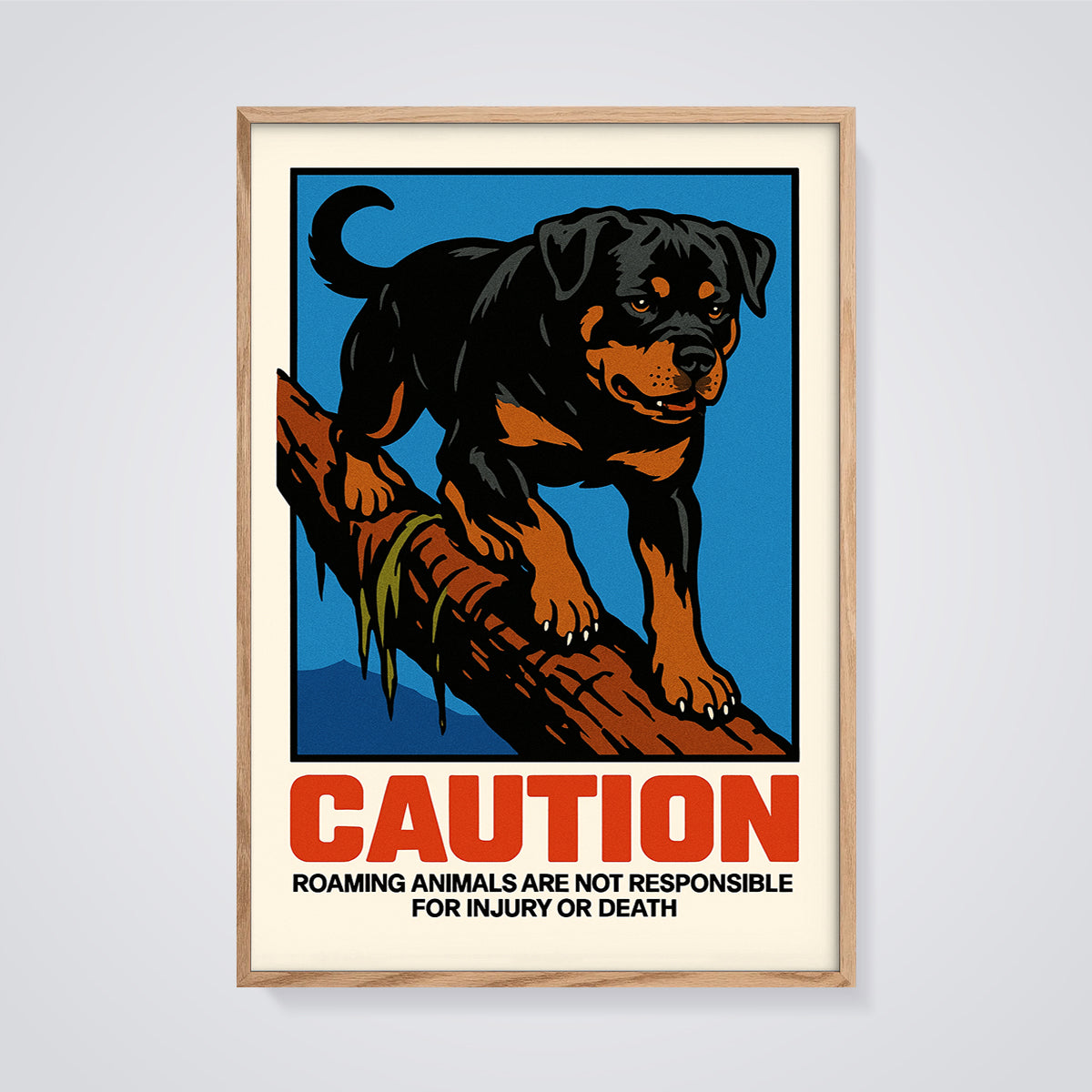 Caution Rottweiler Warning Print framed in oak on a grey background
