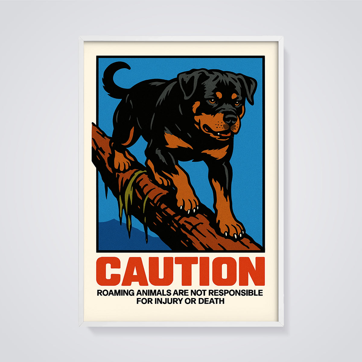 Caution Rottweiler Warning Print framed in white on a grey background