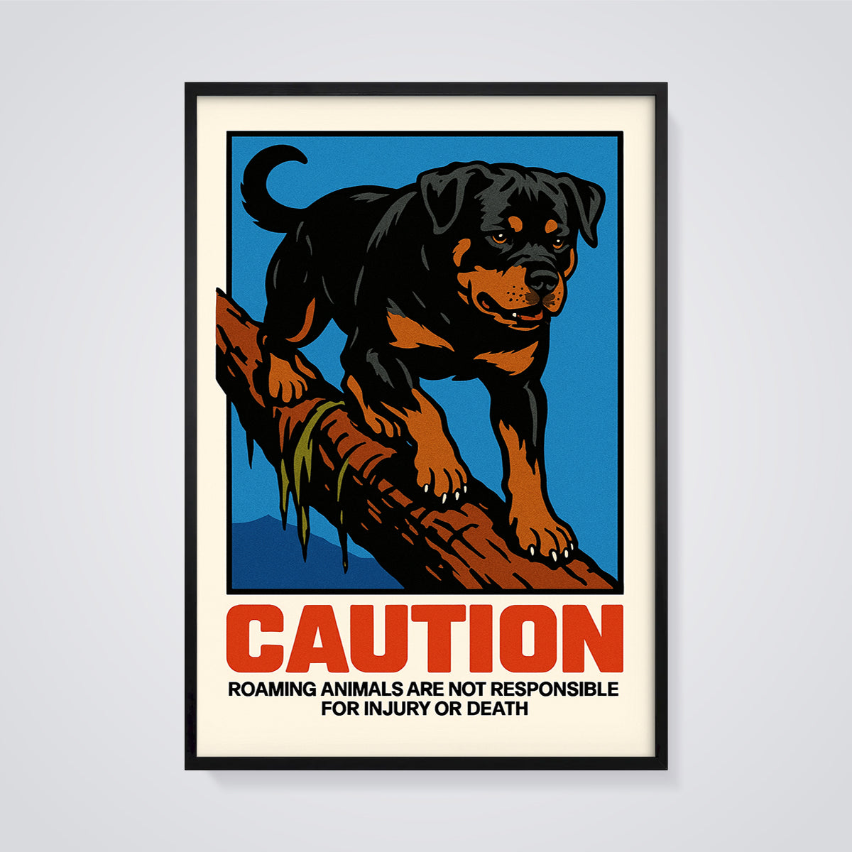 Caution Rottweiler Warning Print framed in black on a grey background
