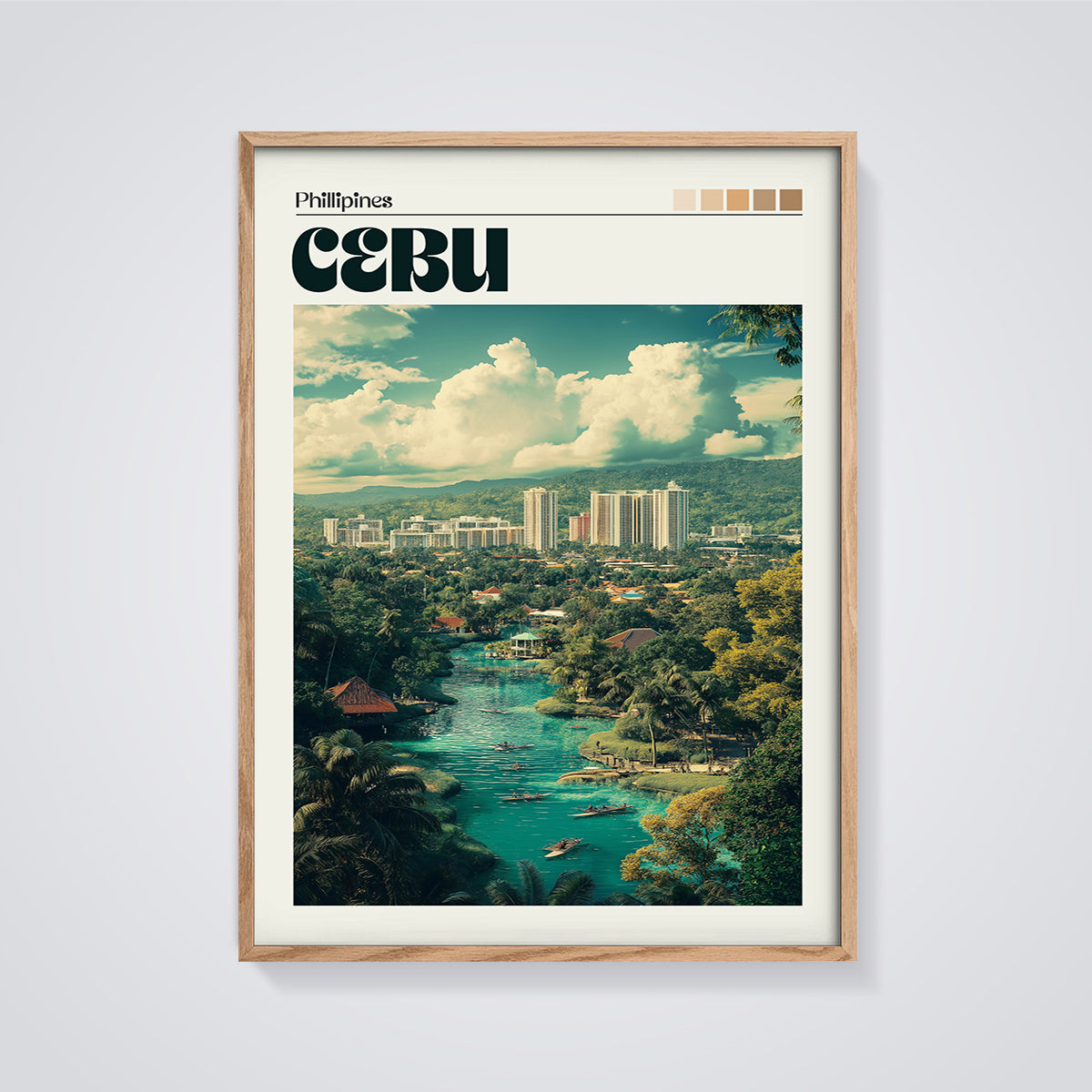 Cebu Philippines River City Print framed in oak on a grey background