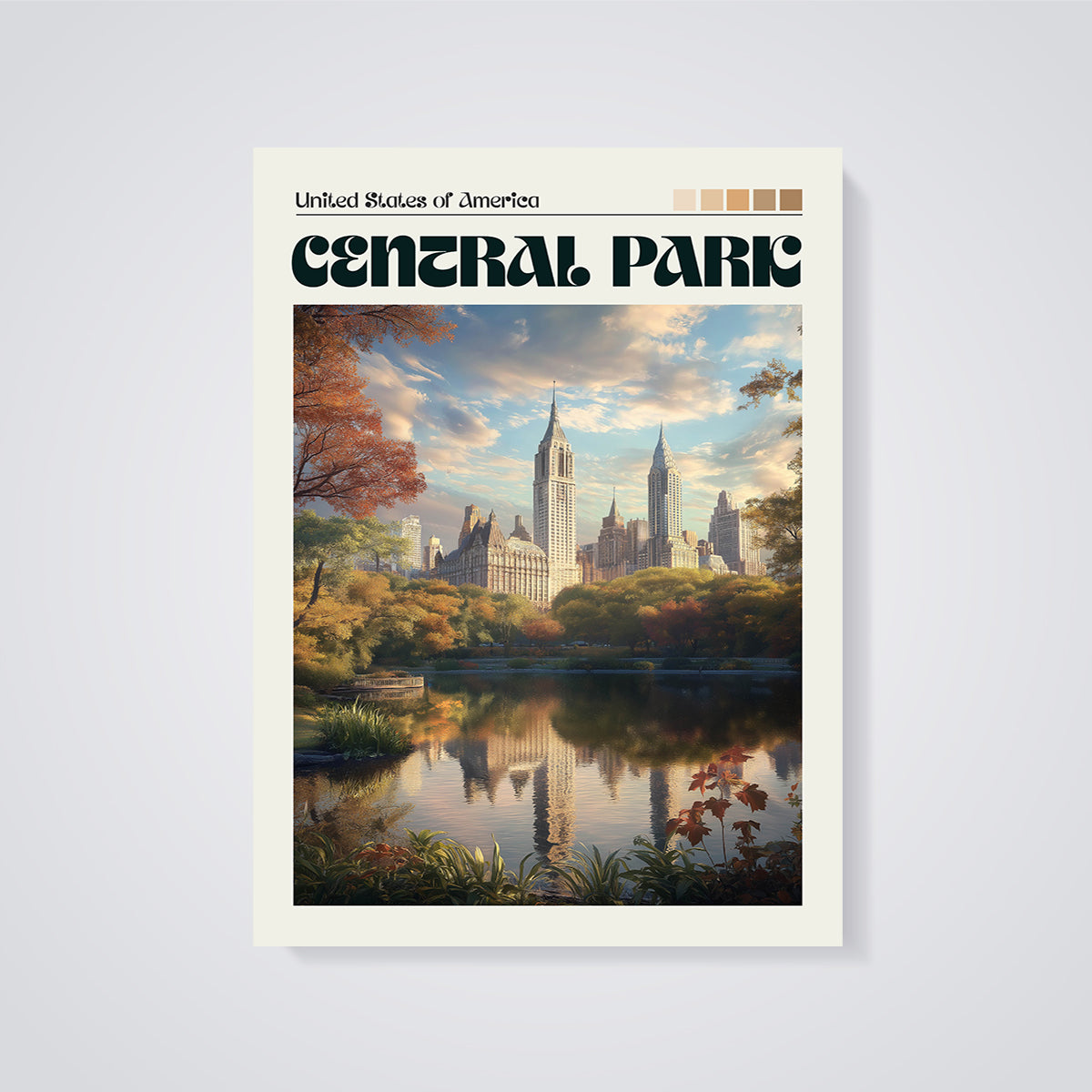 Central Park Autumn Reflection Print unframed on a grey background