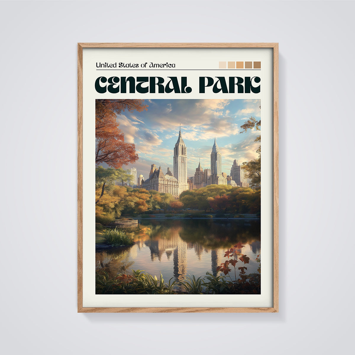 Central Park Autumn Reflection Print framed in oak on a grey background