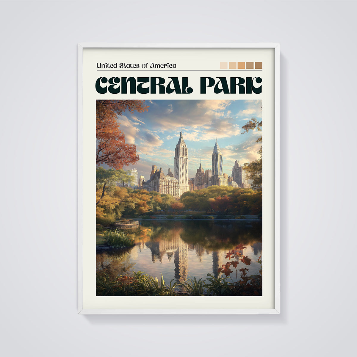 Central Park Autumn Reflection Print framed in white on a grey background