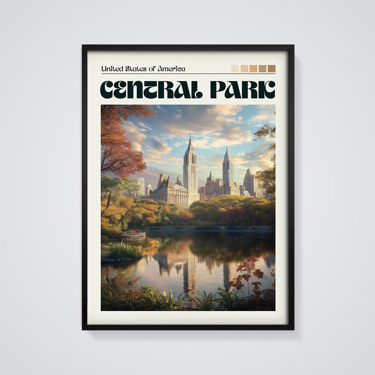 Central Park Autumn Reflection Print framed in black on a grey background