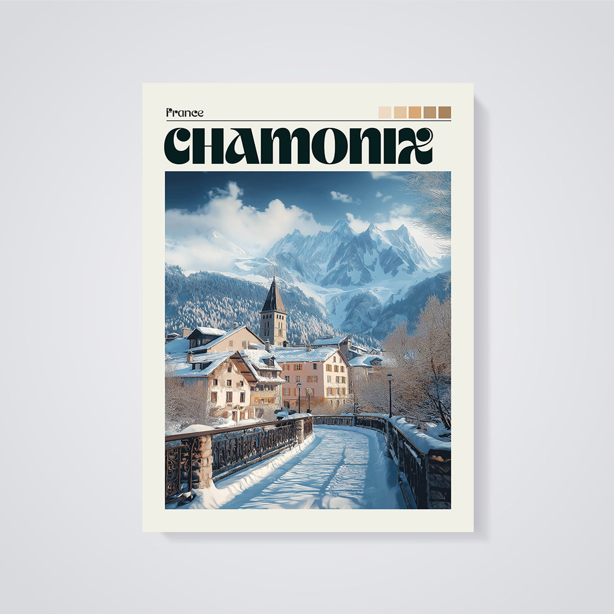 Chamonix Winter Village Print unframed on a grey background