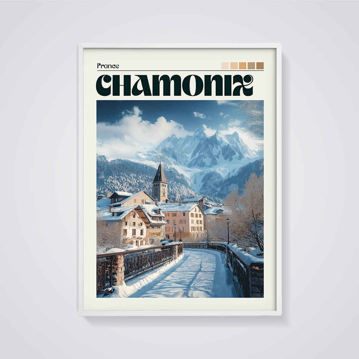 Chamonix Winter Village Print framed in white on a grey background