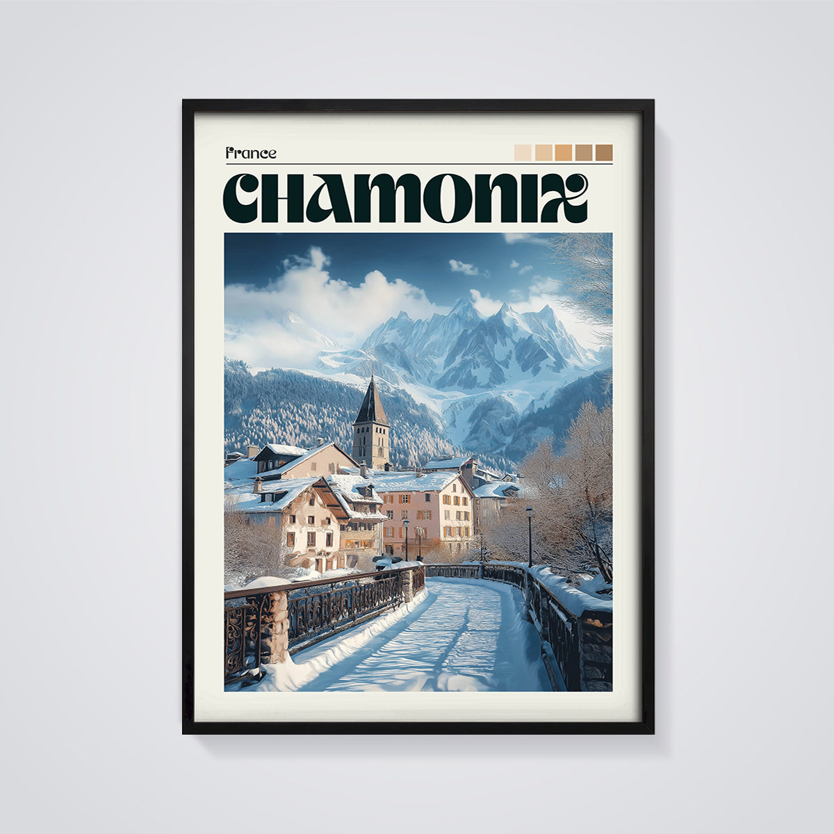 Chamonix Winter Village Print framed in black on a grey background