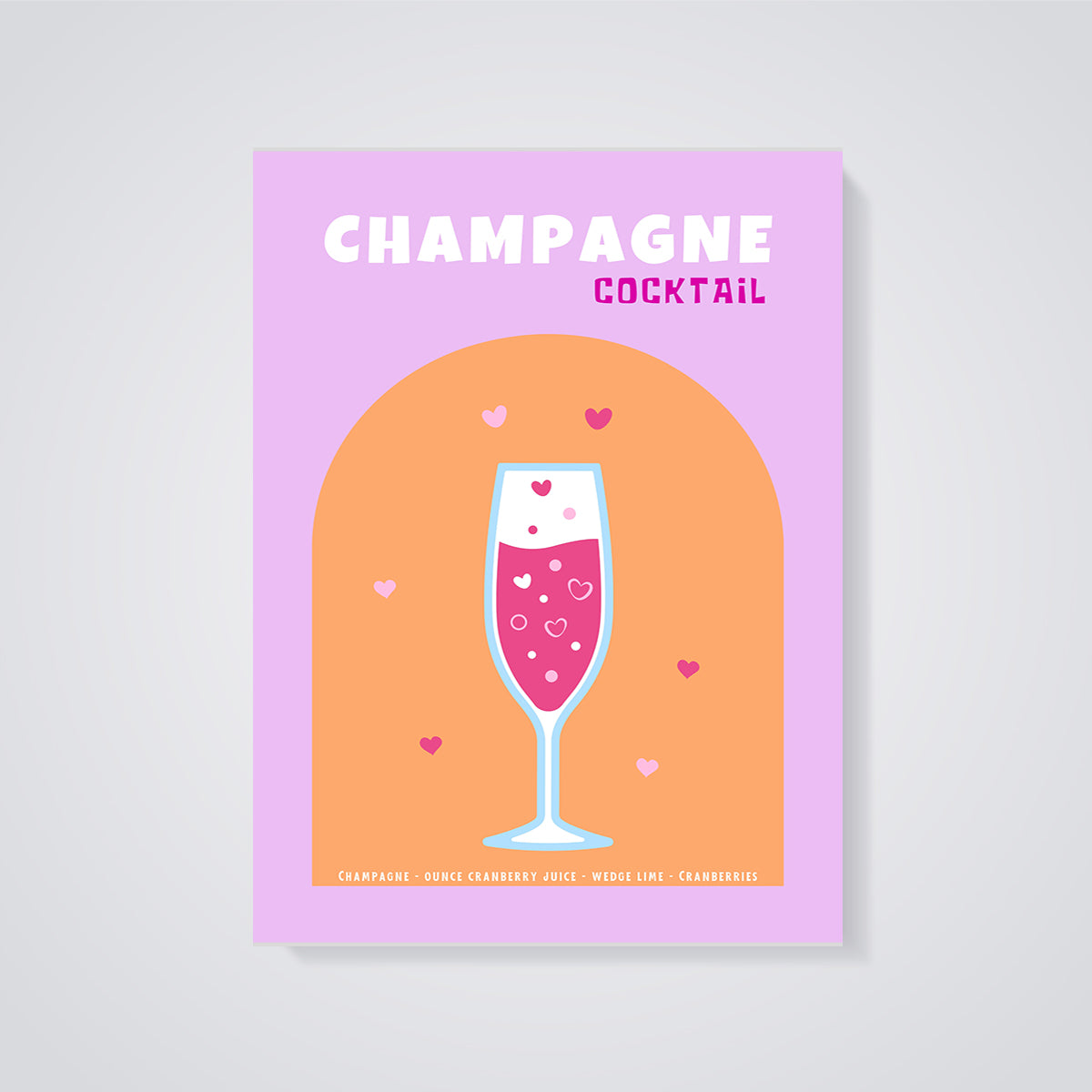 Champagne Hearts Cocktail Print unframed on a grey background