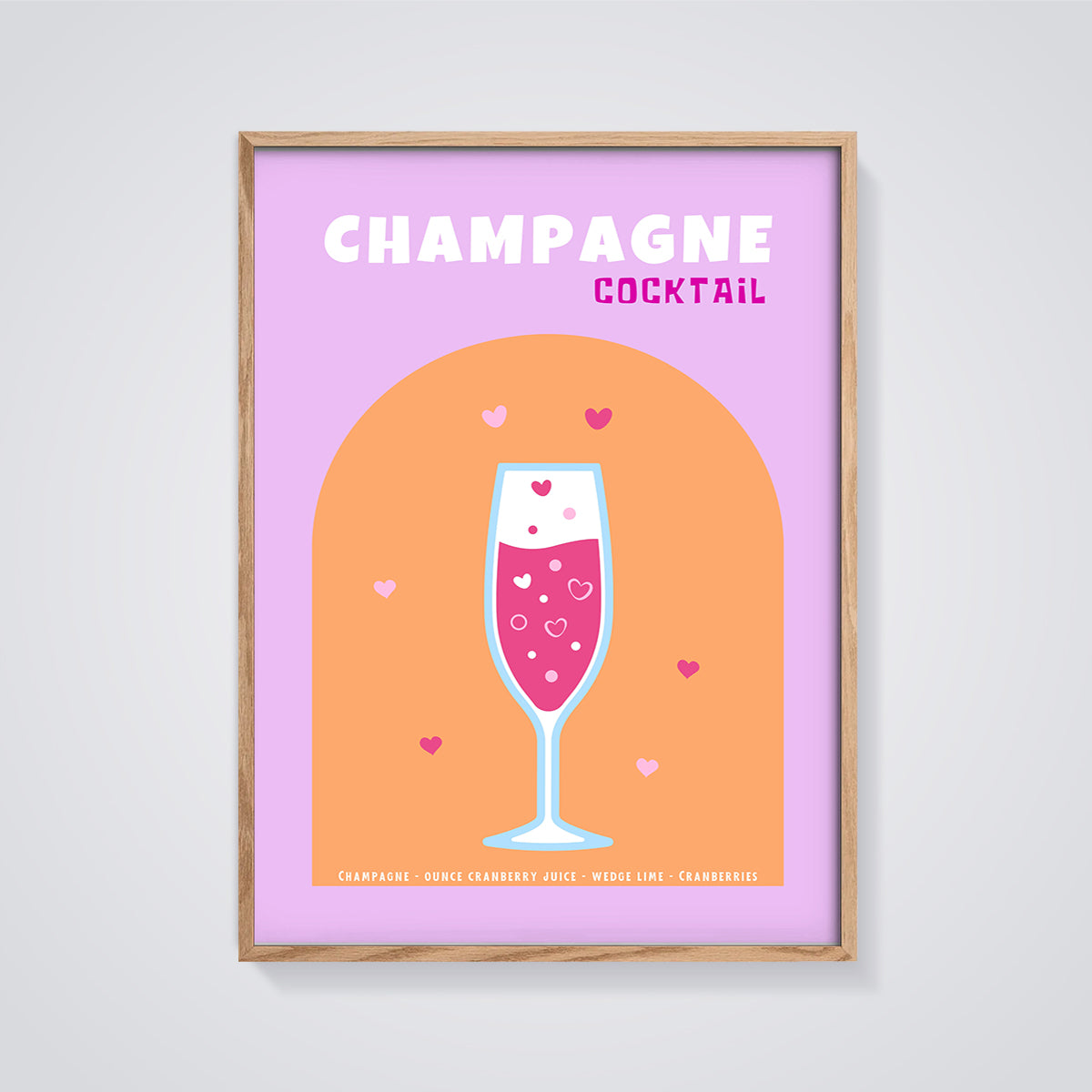 Champagne Hearts Cocktail Print framed in oak on a grey background
