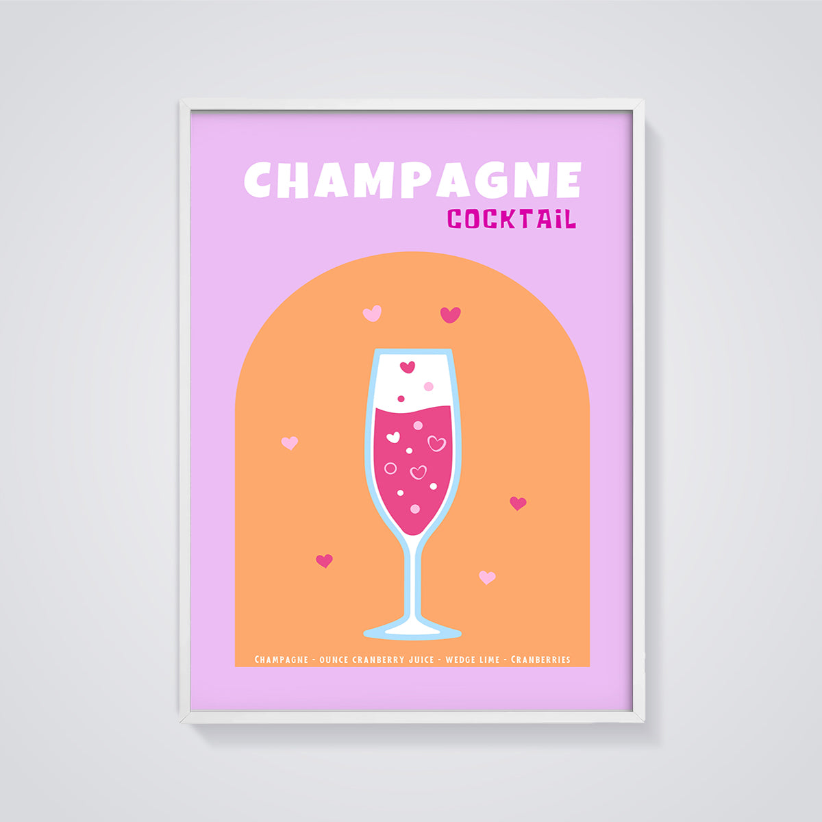 Champagne Hearts Cocktail Print framed in white on a grey background