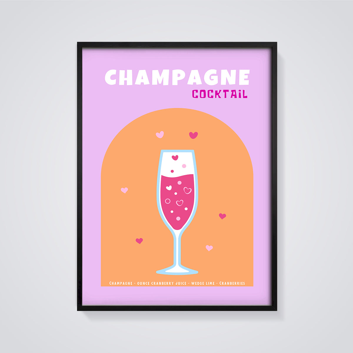 Champagne Hearts Cocktail Print framed in black on a grey background