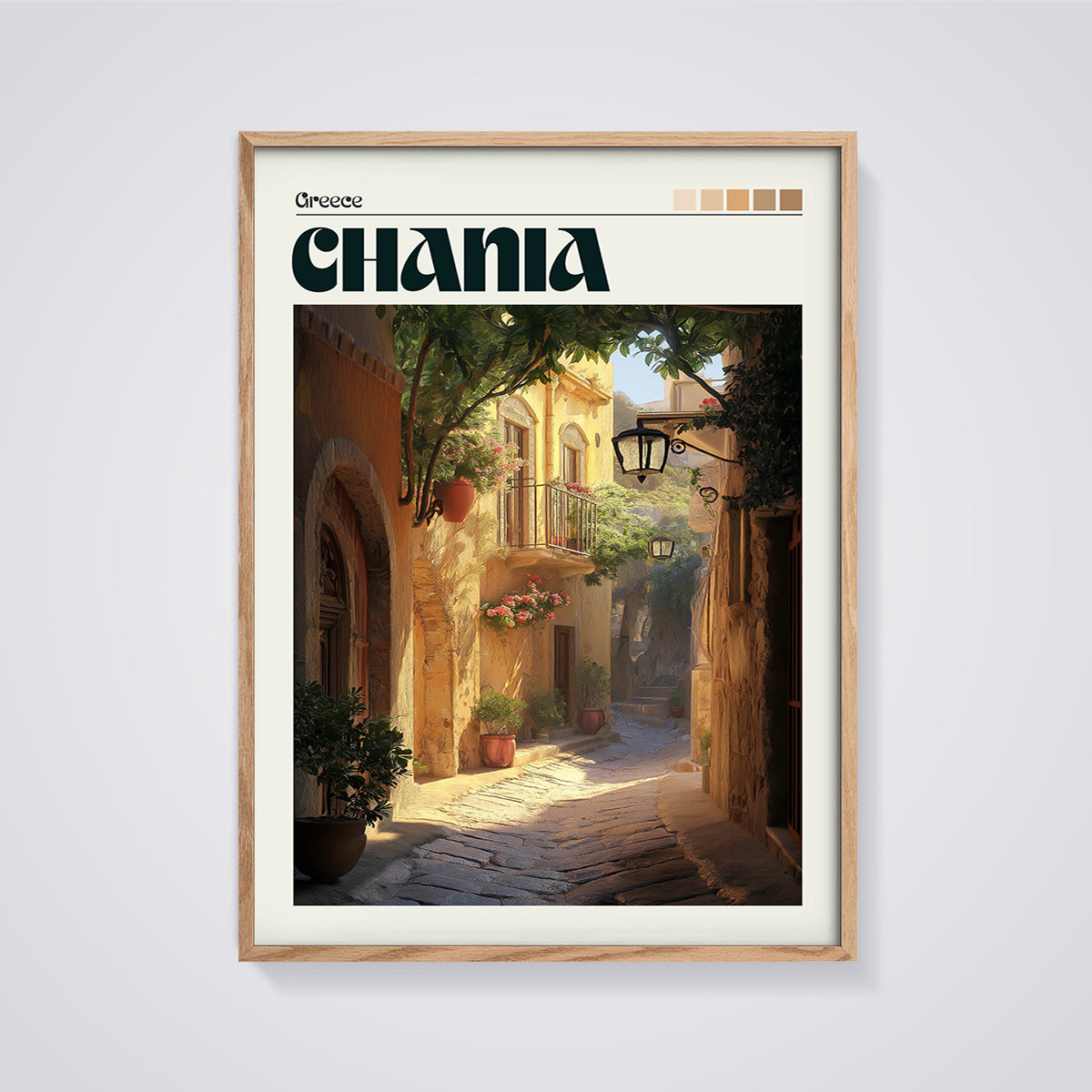 Chania Cobblestone Alley Print framed in oak on a grey background