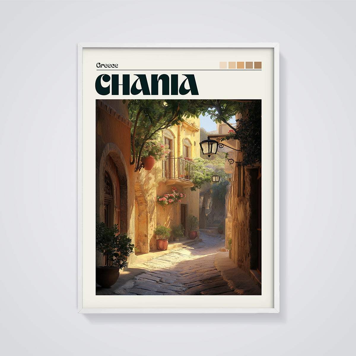 Chania Cobblestone Alley Print framed in white on a grey background