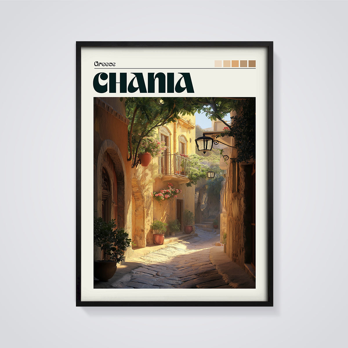 Chania Cobblestone Alley Print framed in black on a grey background