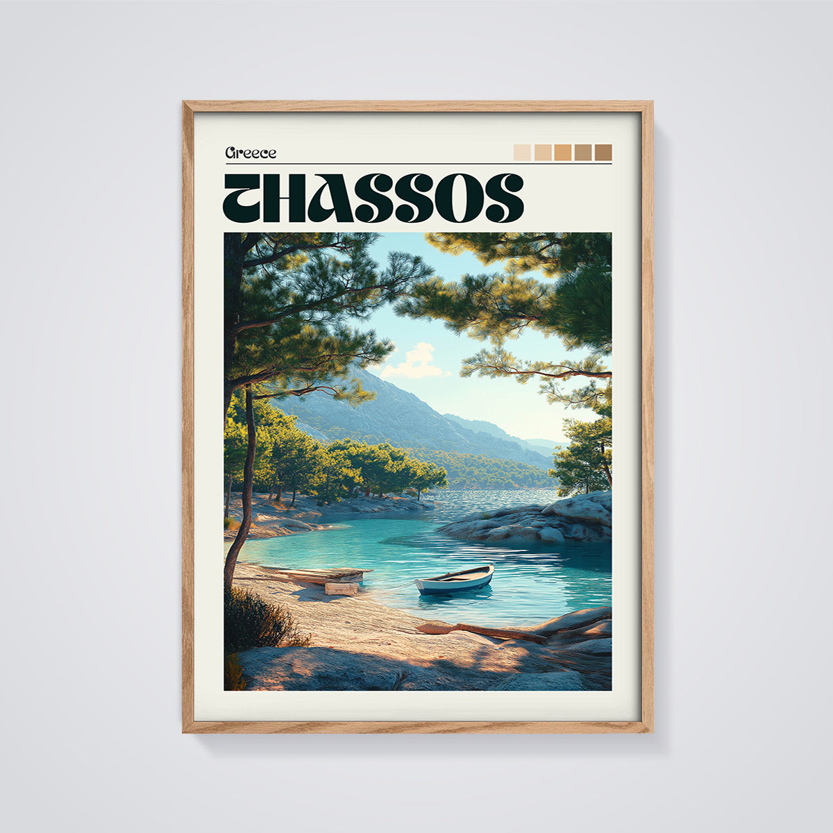 Chassos Greece Boat Cove Print framed in oak on a grey background
