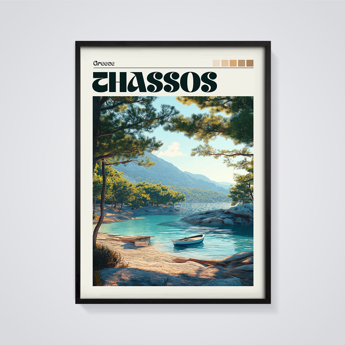 Chassos Greece Boat Cove Print framed in black on a grey background
