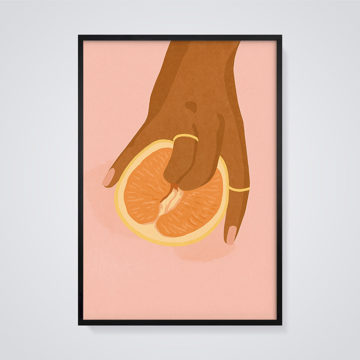 Cheeky Grapefruit Aesthetic Print framed in black on a grey background