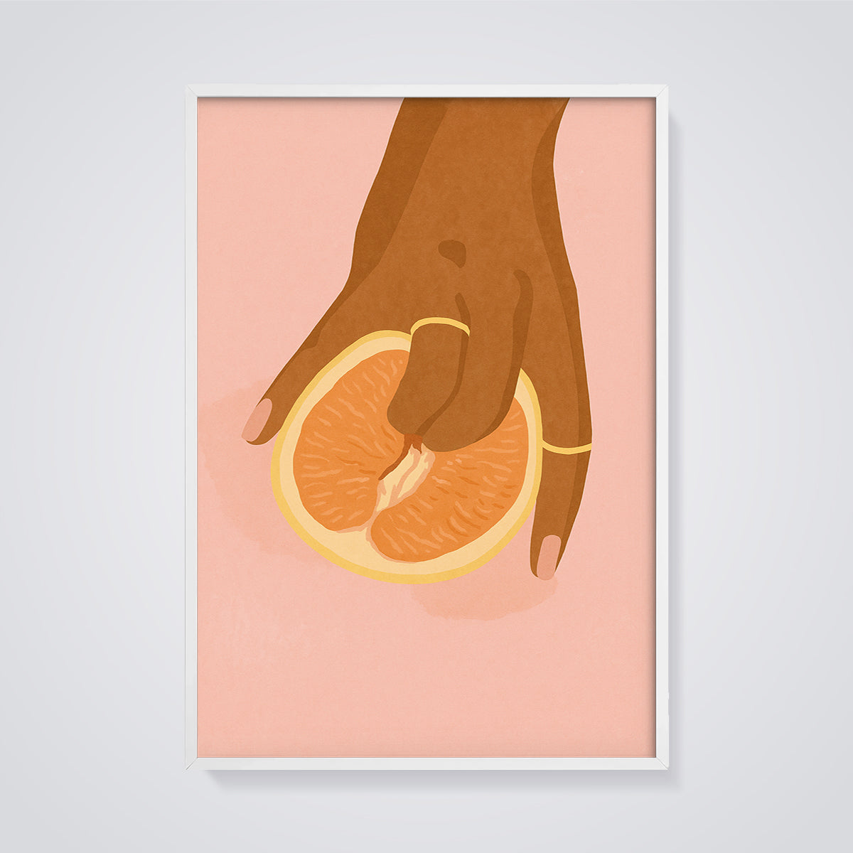 Cheeky Grapefruit Aesthetic Print framed in white on a grey background