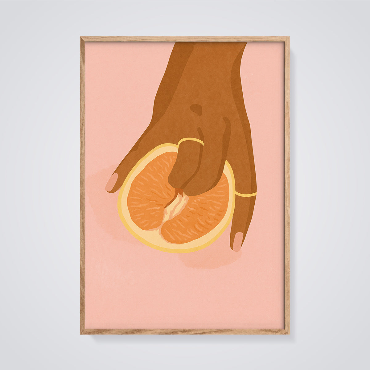 Cheeky Grapefruit Aesthetic Print framed in oak on a grey background