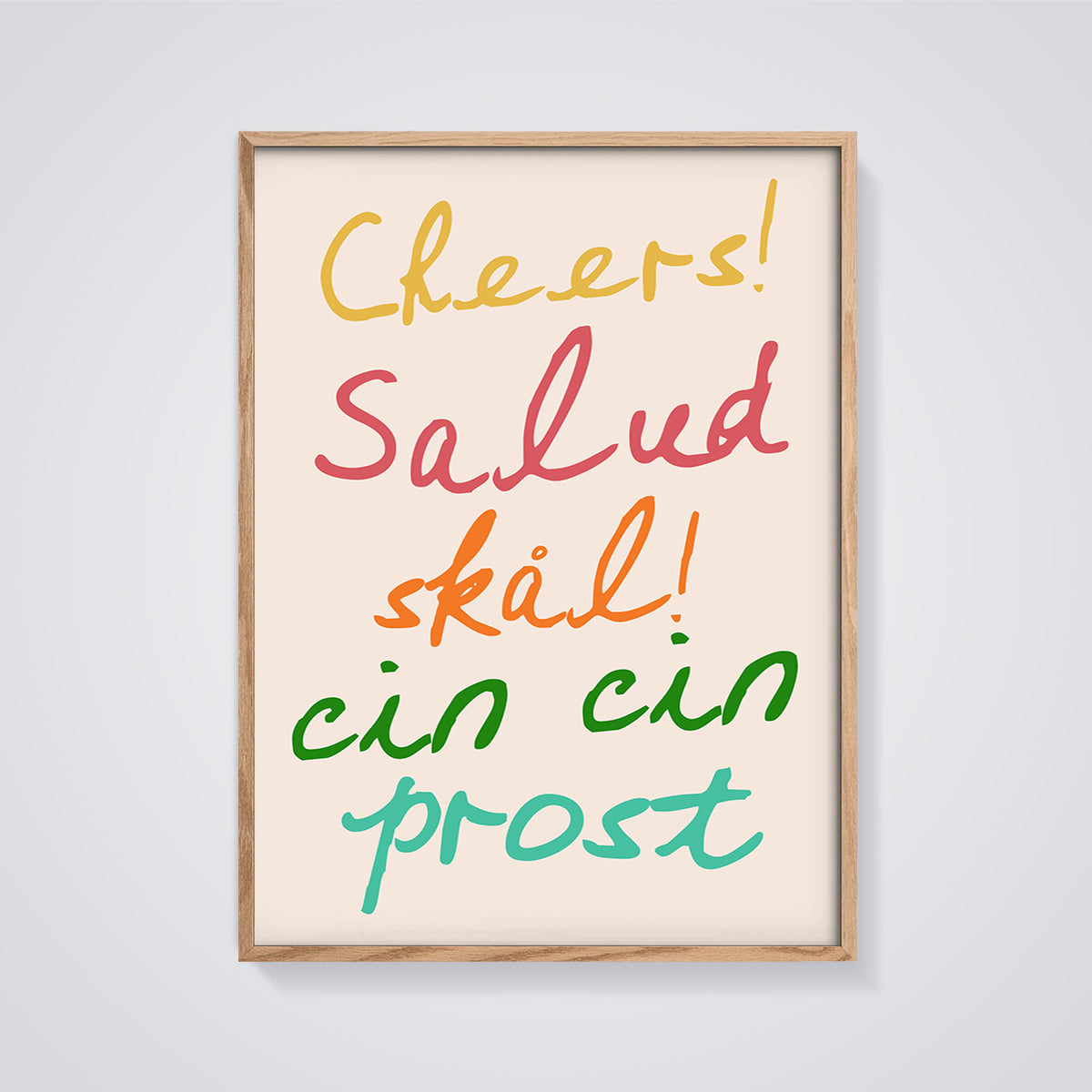 Cheers Multilingual Toast Print framed in oak on a grey background