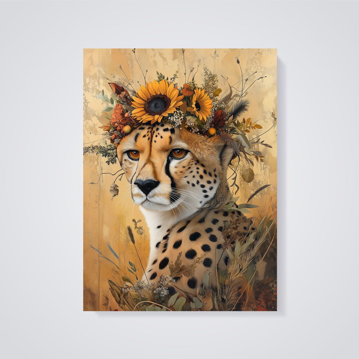 Cheetah with Sunflower Crown Print unframed on a grey background