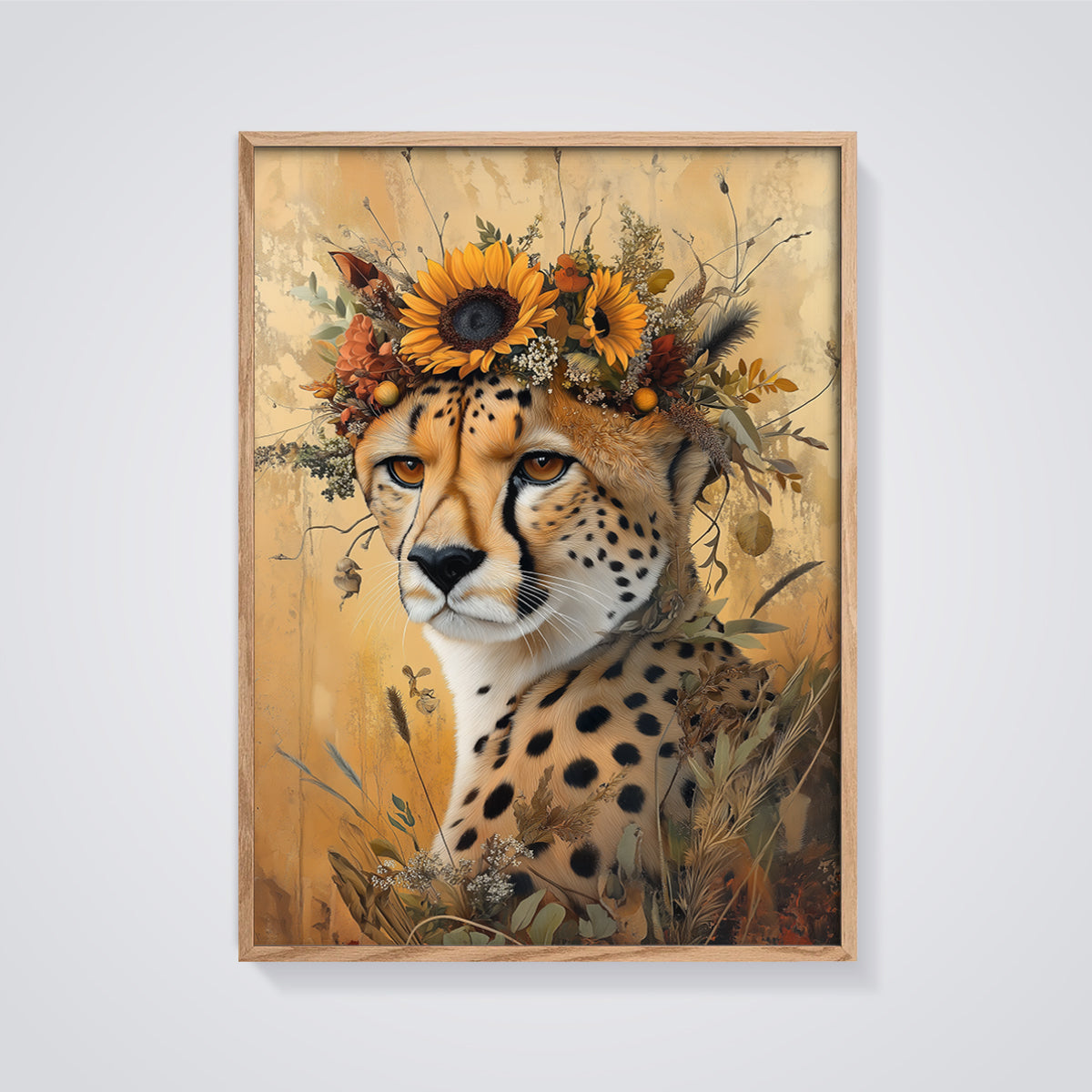 Cheetah with Sunflower Crown Print framed in oak on a grey background