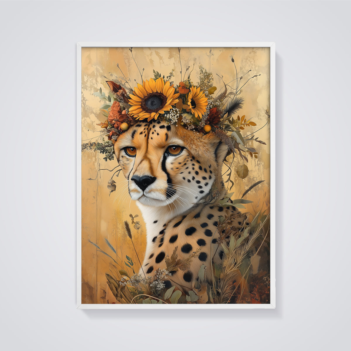 Cheetah with Sunflower Crown Print framed in white on a grey background