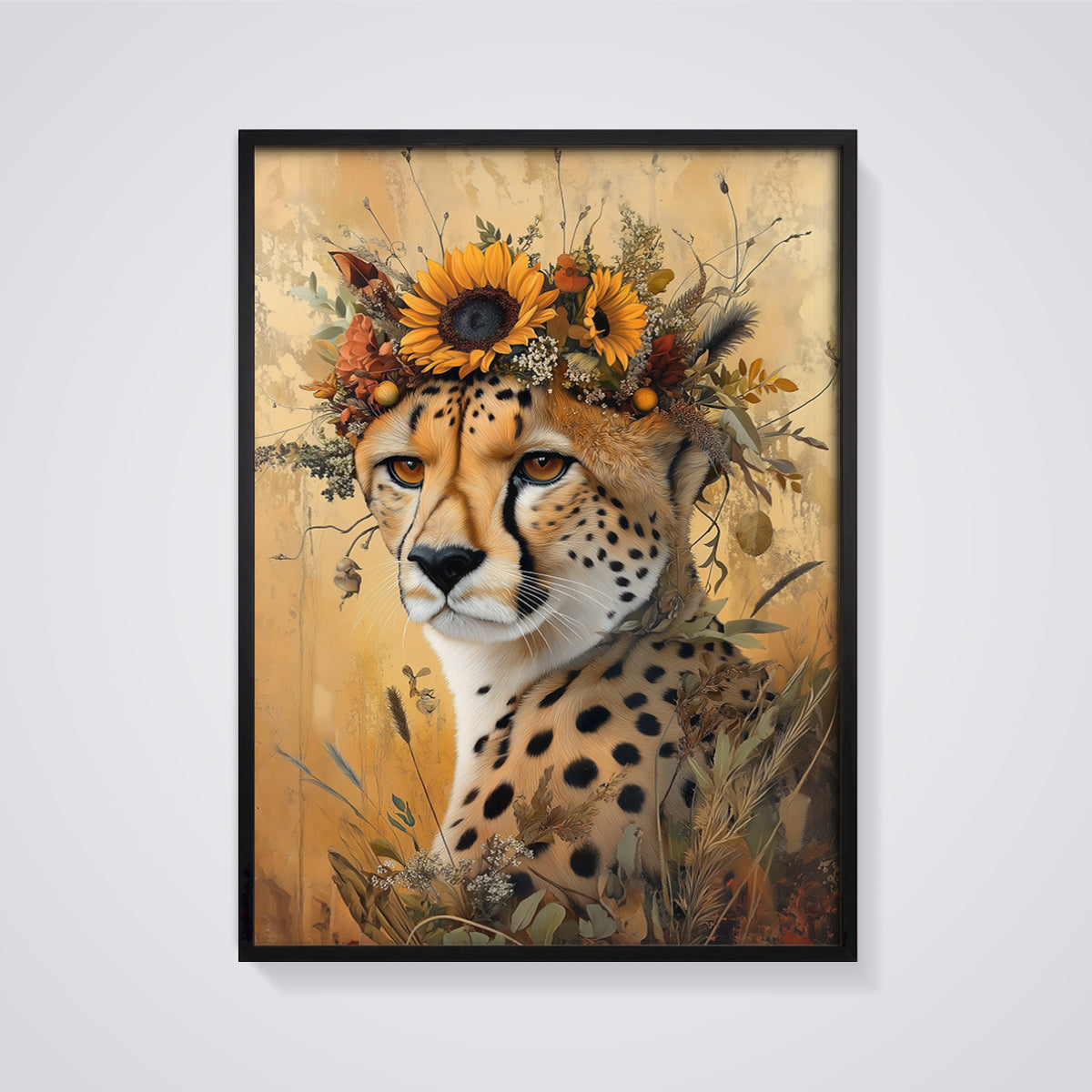 Cheetah with Sunflower Crown Print framed in black on a grey background