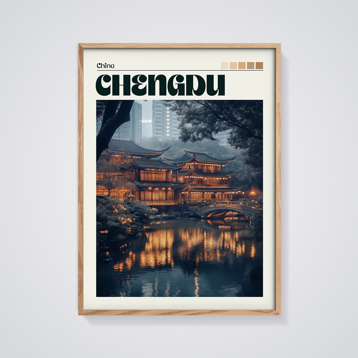 Chengdu Illuminated Temple Print framed in oak on a grey background