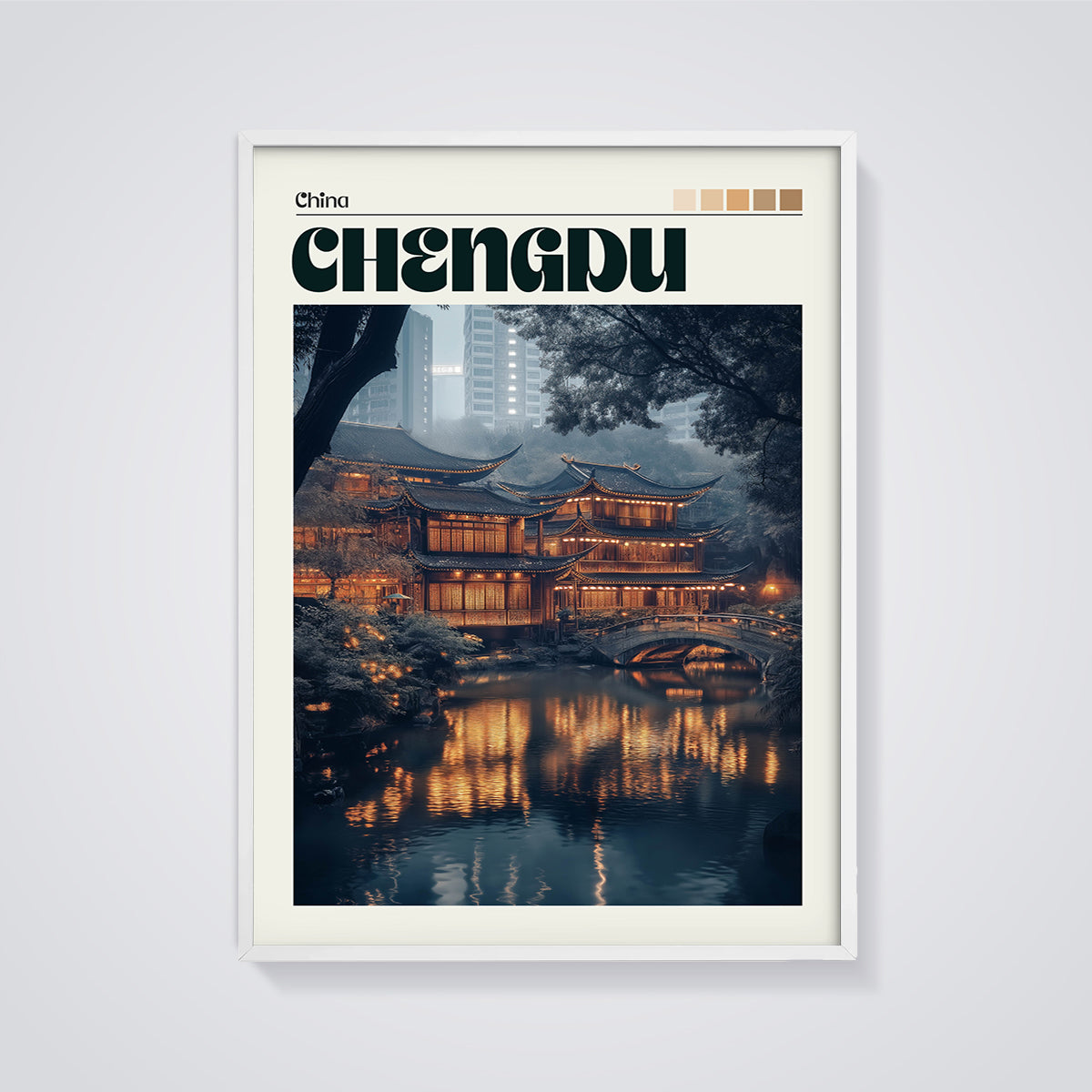 Chengdu Illuminated Temple Print framed in white on a grey background