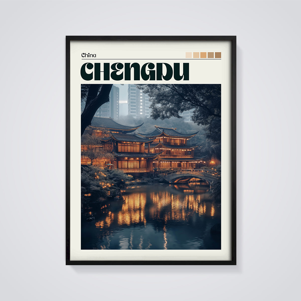 Chengdu Illuminated Temple Print framed in black on a grey background