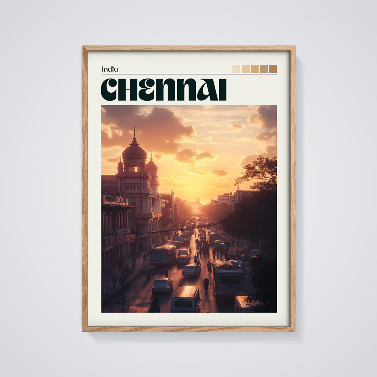 Chennai Sunset Street Print framed in oak on a grey background