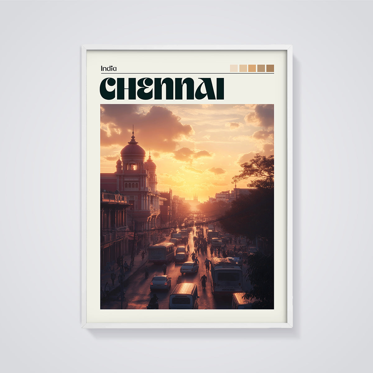 Chennai Sunset Street Print framed in white on a grey background