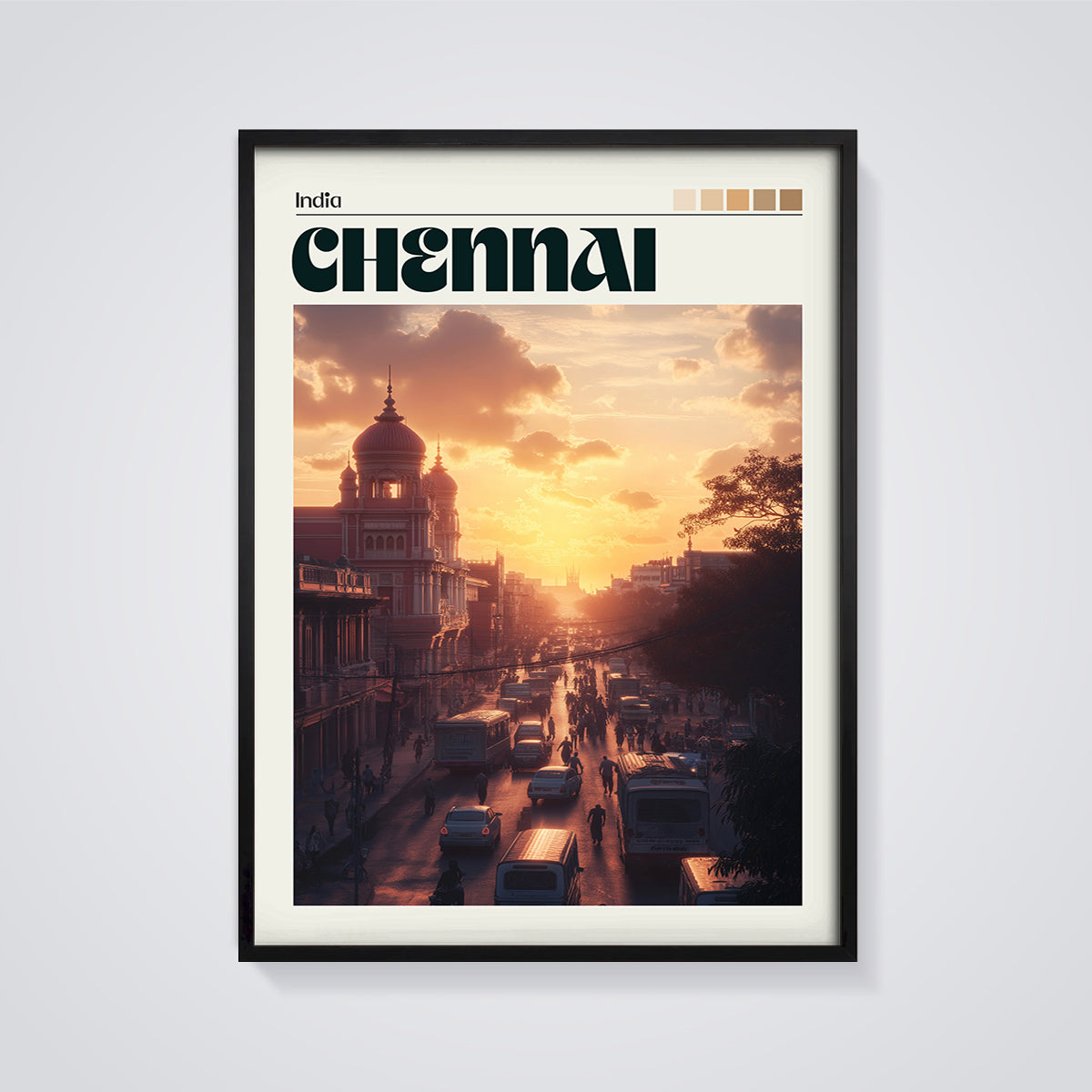 Chennai Sunset Street Print framed in black on a grey background