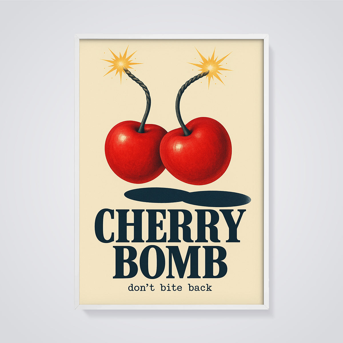 Cherry Bomb Art Print framed in white on a grey background