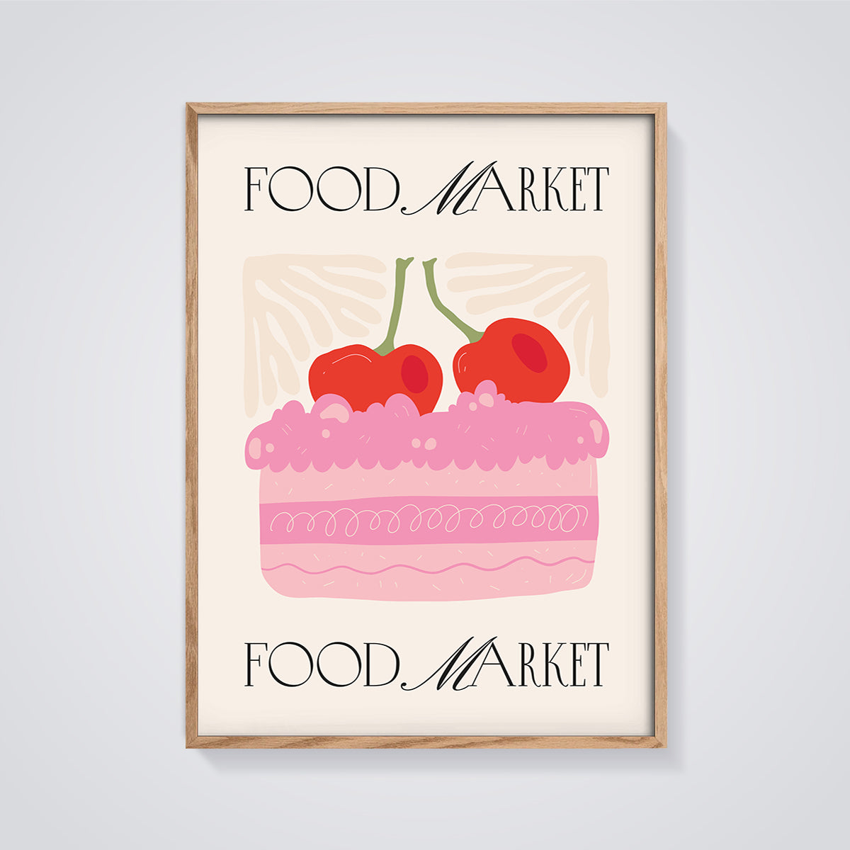 Cherry Cake Food Market Print framed in oak on a grey background