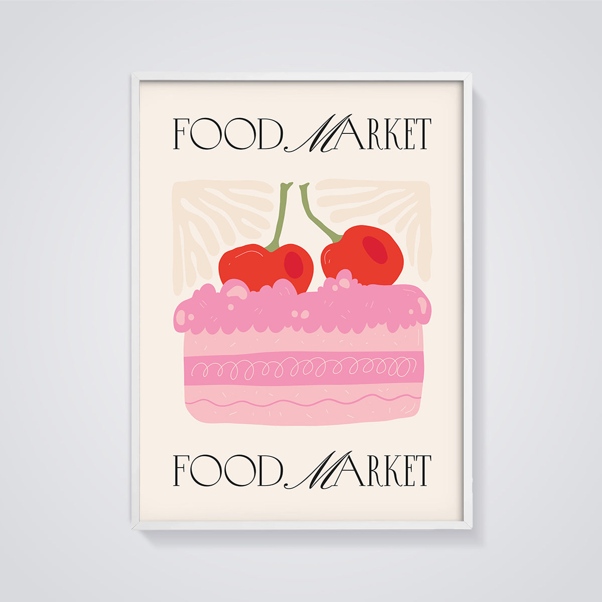 Cherry Cake Food Market Print framed in white on a grey background