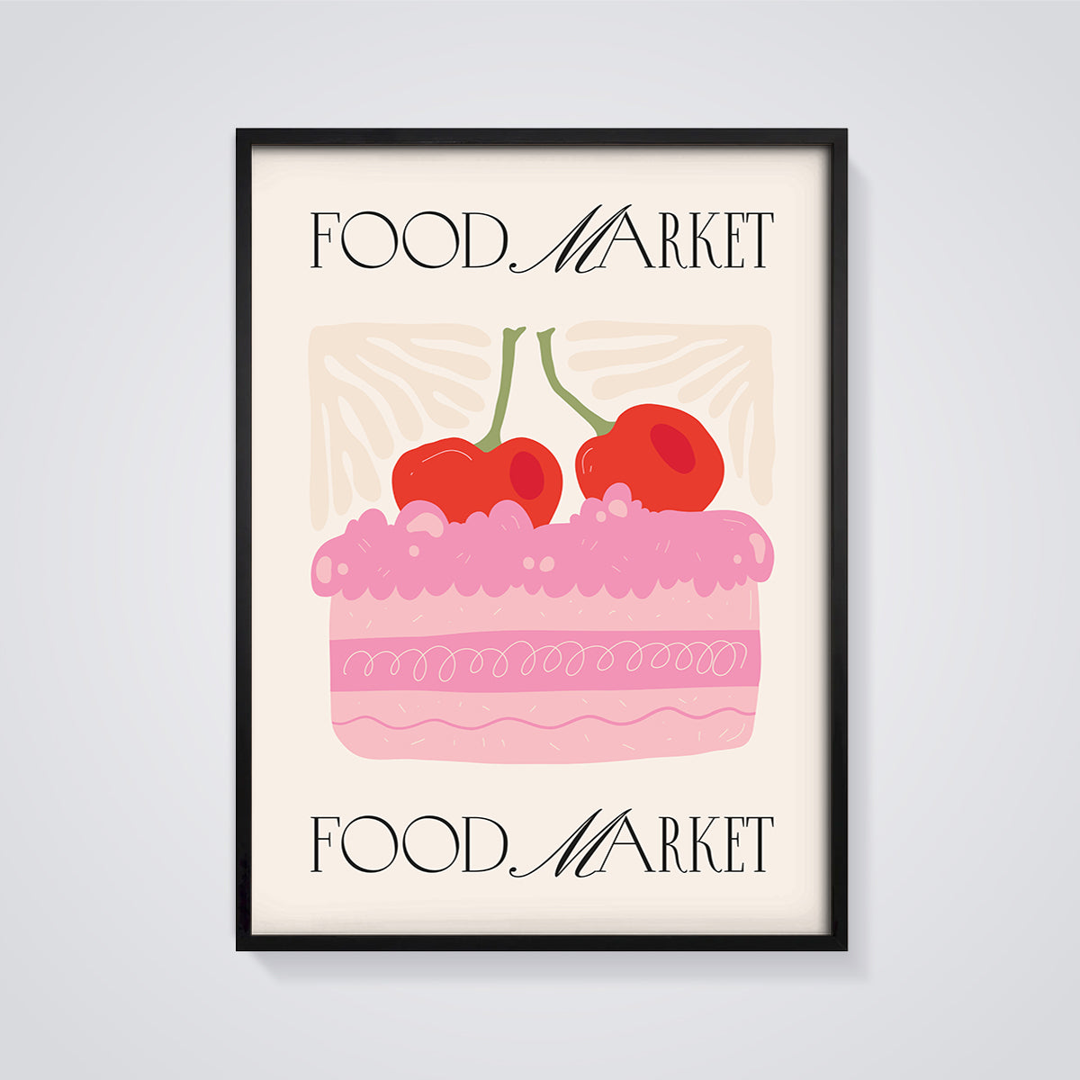 Cherry Cake Food Market Print framed in black on a grey background