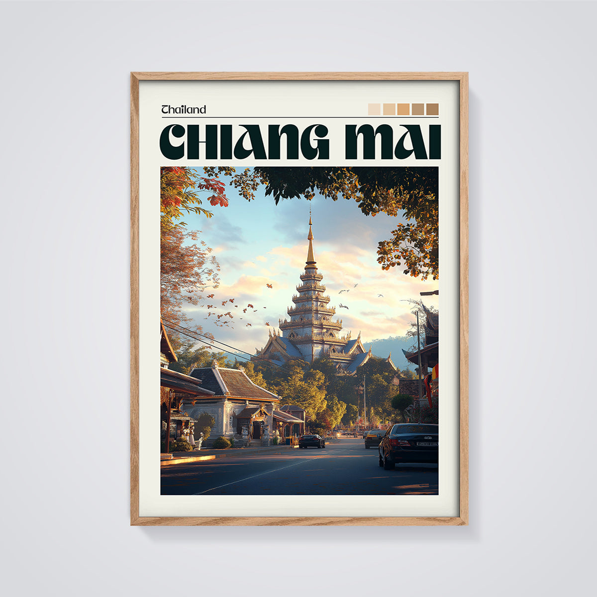 Chiang Mai City View Print framed in oak on a grey background
