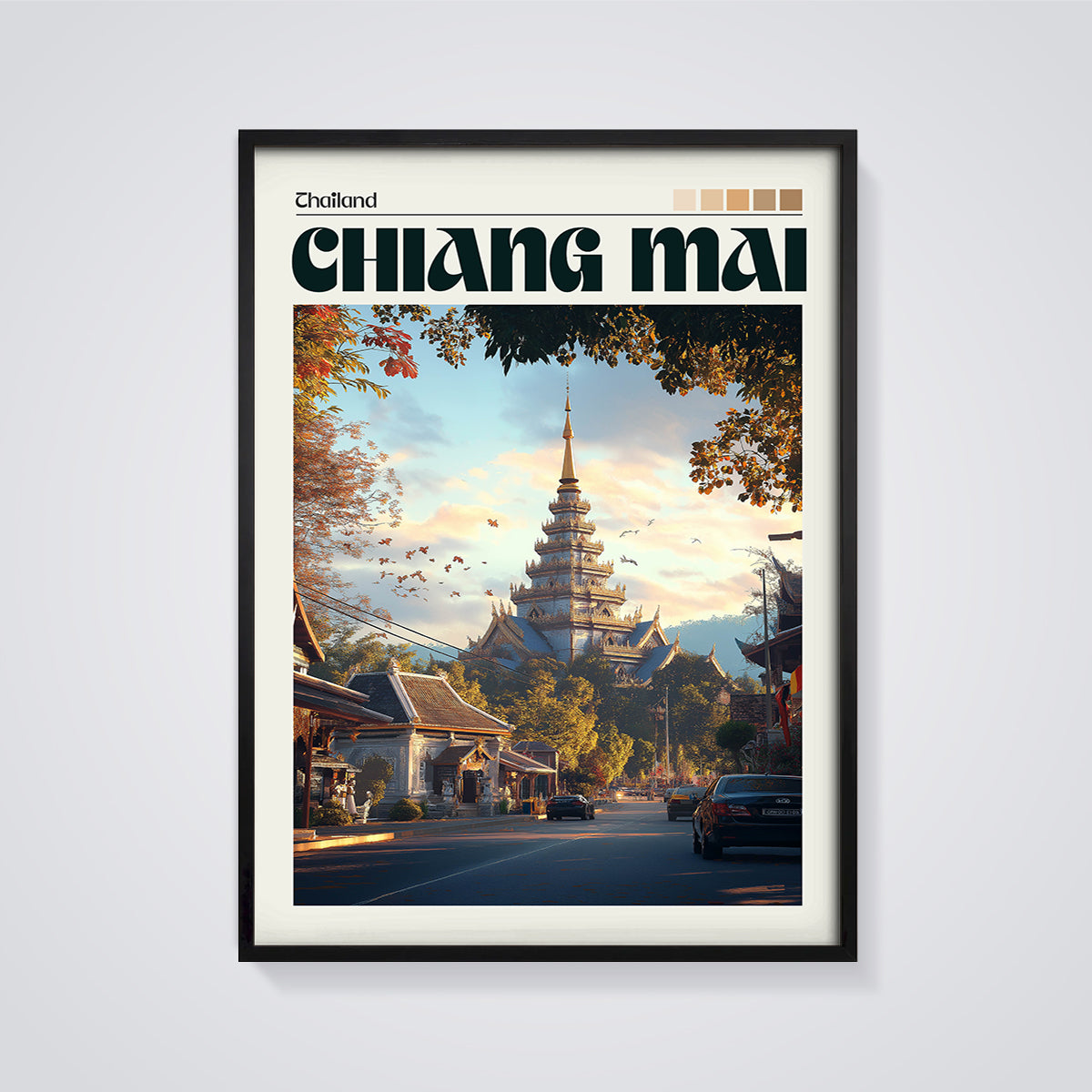 Chiang Mai City View Print framed in black on a grey background