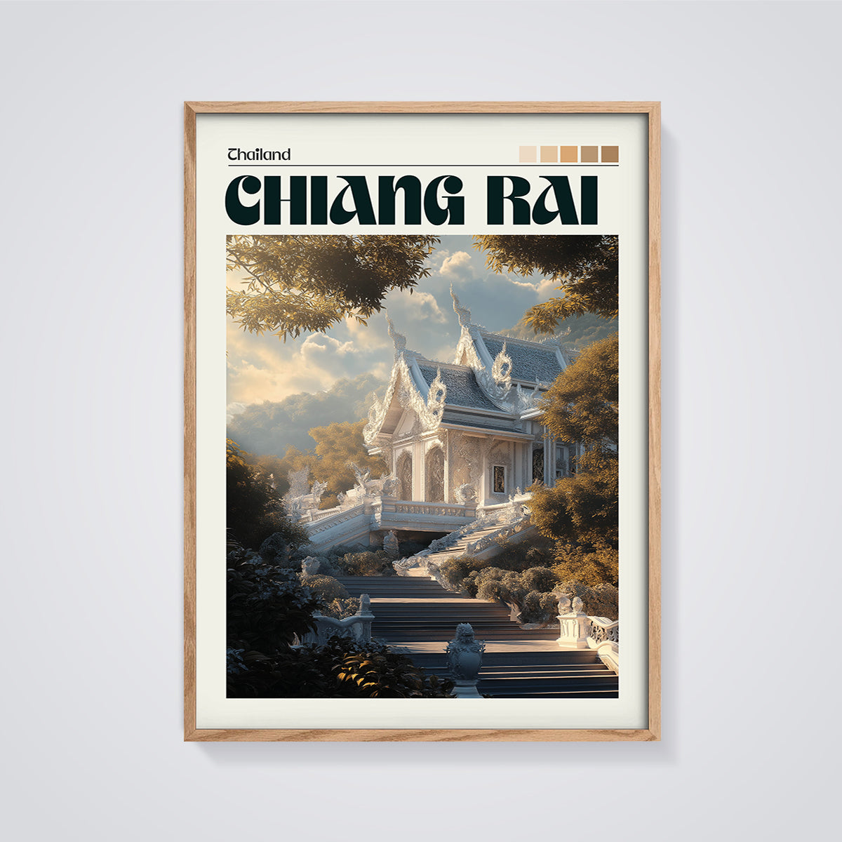 Chiang Rai White Temple Print framed in oak on a grey background