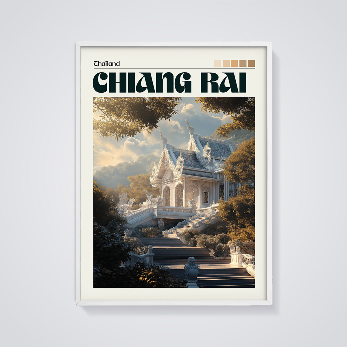 Chiang Rai White Temple Print framed in white on a grey background