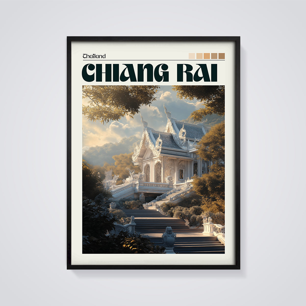 Chiang Rai White Temple Print framed in black on a grey background