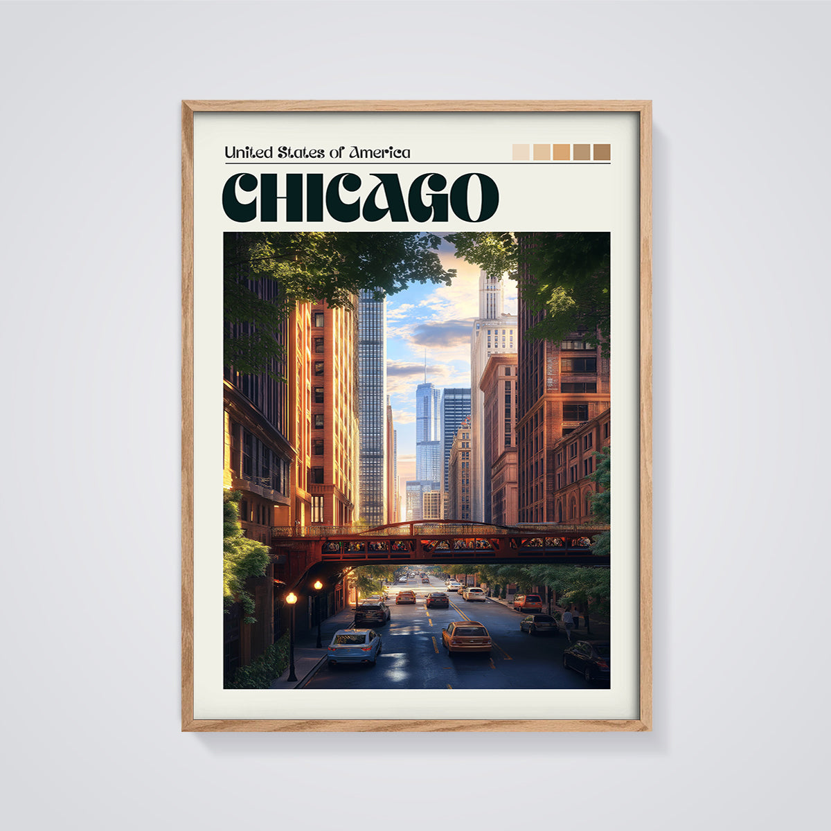 Chicago City Street Print framed in oak on a grey background