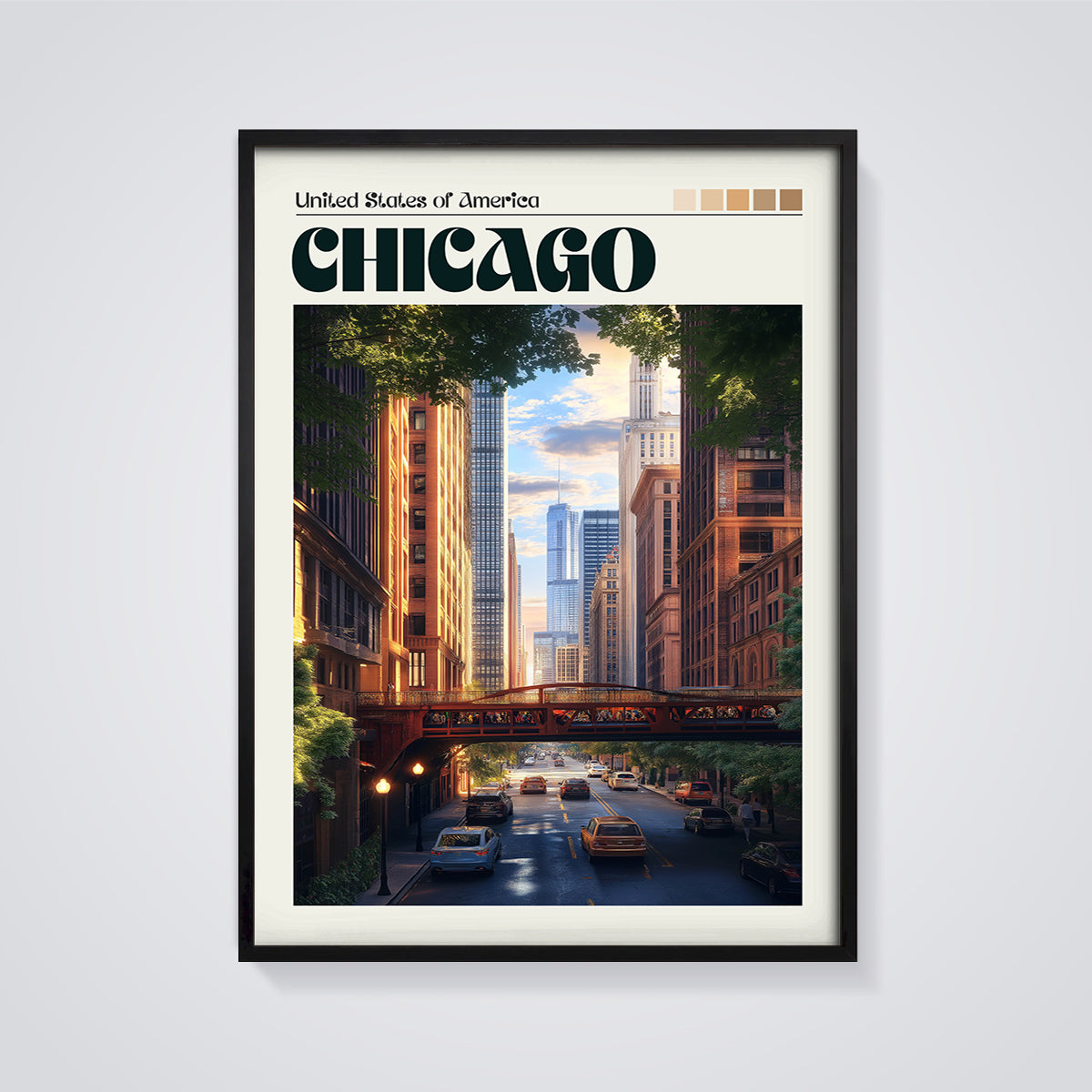 Chicago City Street Print framed in black on a grey background